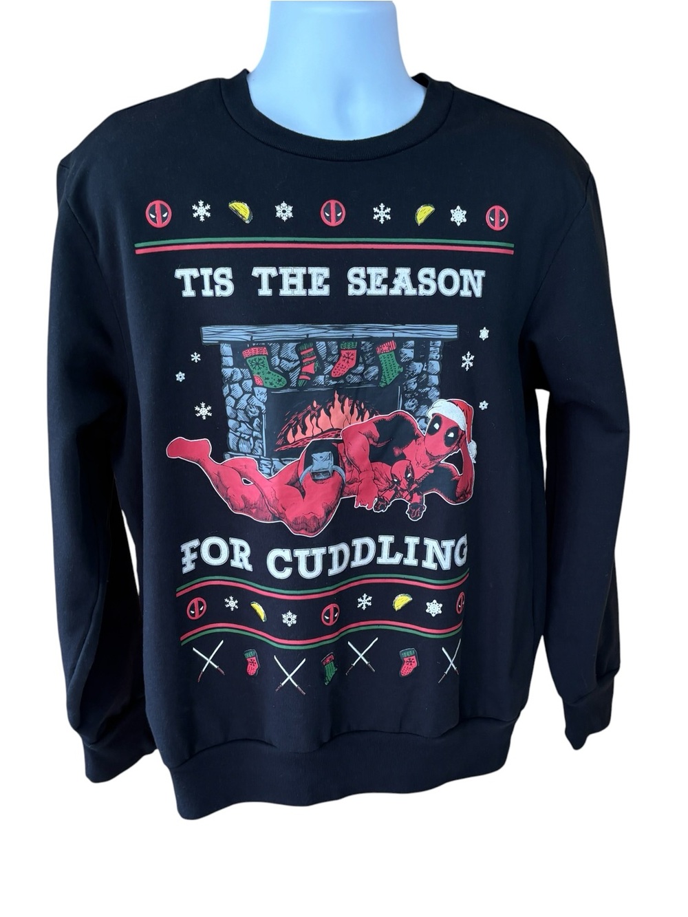 Marvel Deadpool Christmas graphic sweatshirt, size Large, ugly sweater, holiday